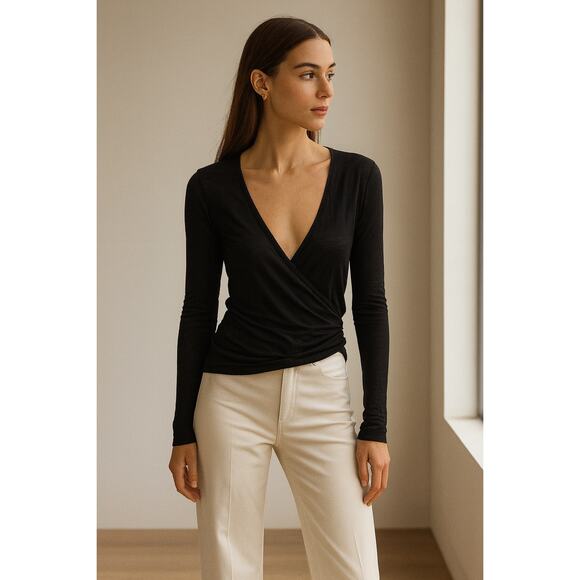 James Perse Deep V Faux Wrap Long Sleeve Thin Cotton Shirt Extra Large XL Black - Picture 1 of 8